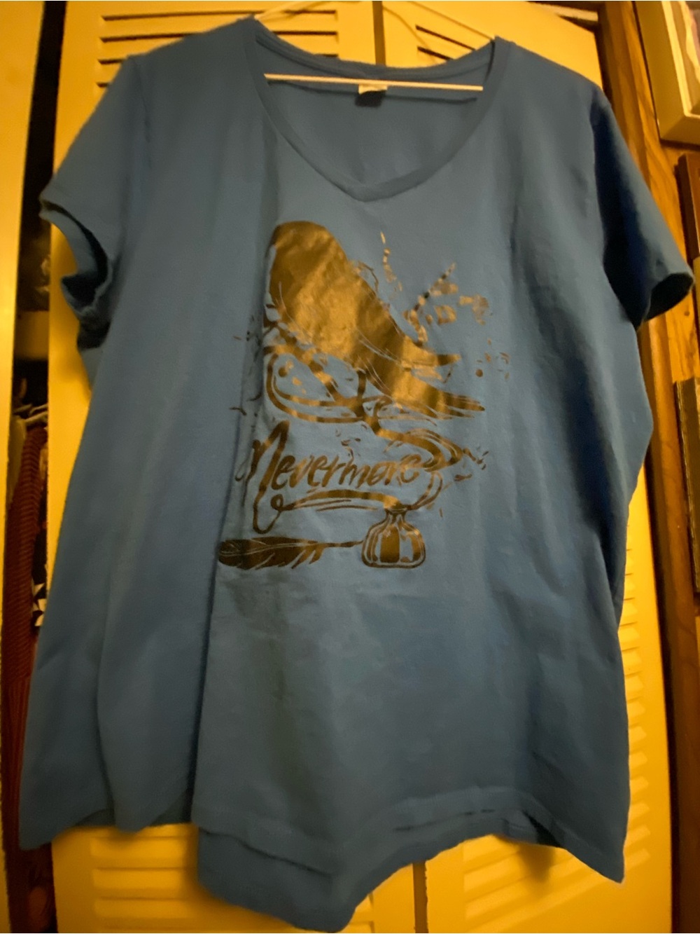 Hanes Blue V-Neck Short Sleeve Tee with Black Raven Graphic Print
